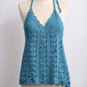 Elegant Teal Crochet Halter Swim Cover-Up